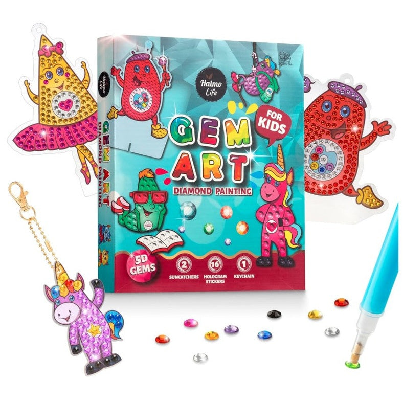 Gem Art diamond painting kit with examples, gems, and a tool for application.