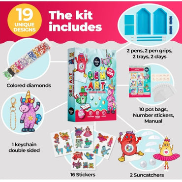 The image is a product advertisement for a "Gem Art Diamond Painting" kit for kids, featuring a variety of components. These include a pack of colored diamonds, a double-sided keychain, the kit packaging, and an assortment of tools: pens, pen grips, trays, clays, and sticker sheets. Additionally, there are two suncatchers, small bags with numbered stickers, and an instruction manual.