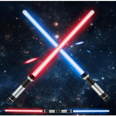Two crossed red and blue lightsabers against a starry background, with an additional combined lightsaber at the bottom.