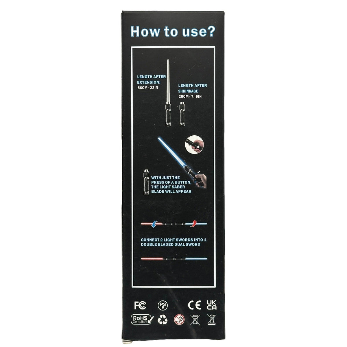 Instructions for using a lightsaber toy, including the length after extension and shrinkage.