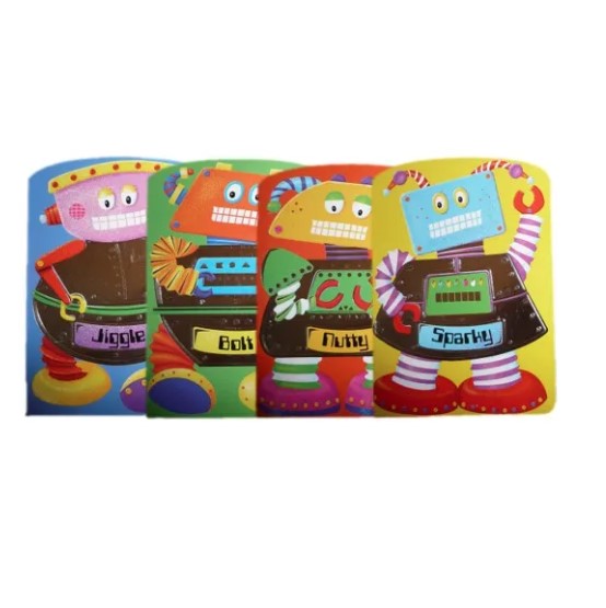 Four cartoon robot flashcards with character names.