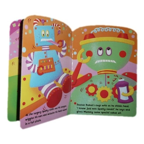 Open children's book with cartoon robots on each page.