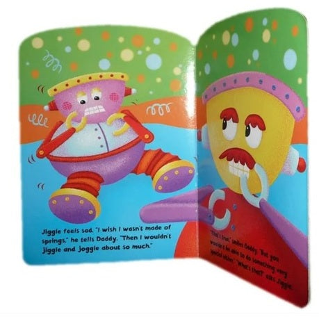 Open children's book featuring two cartoon robot characters.