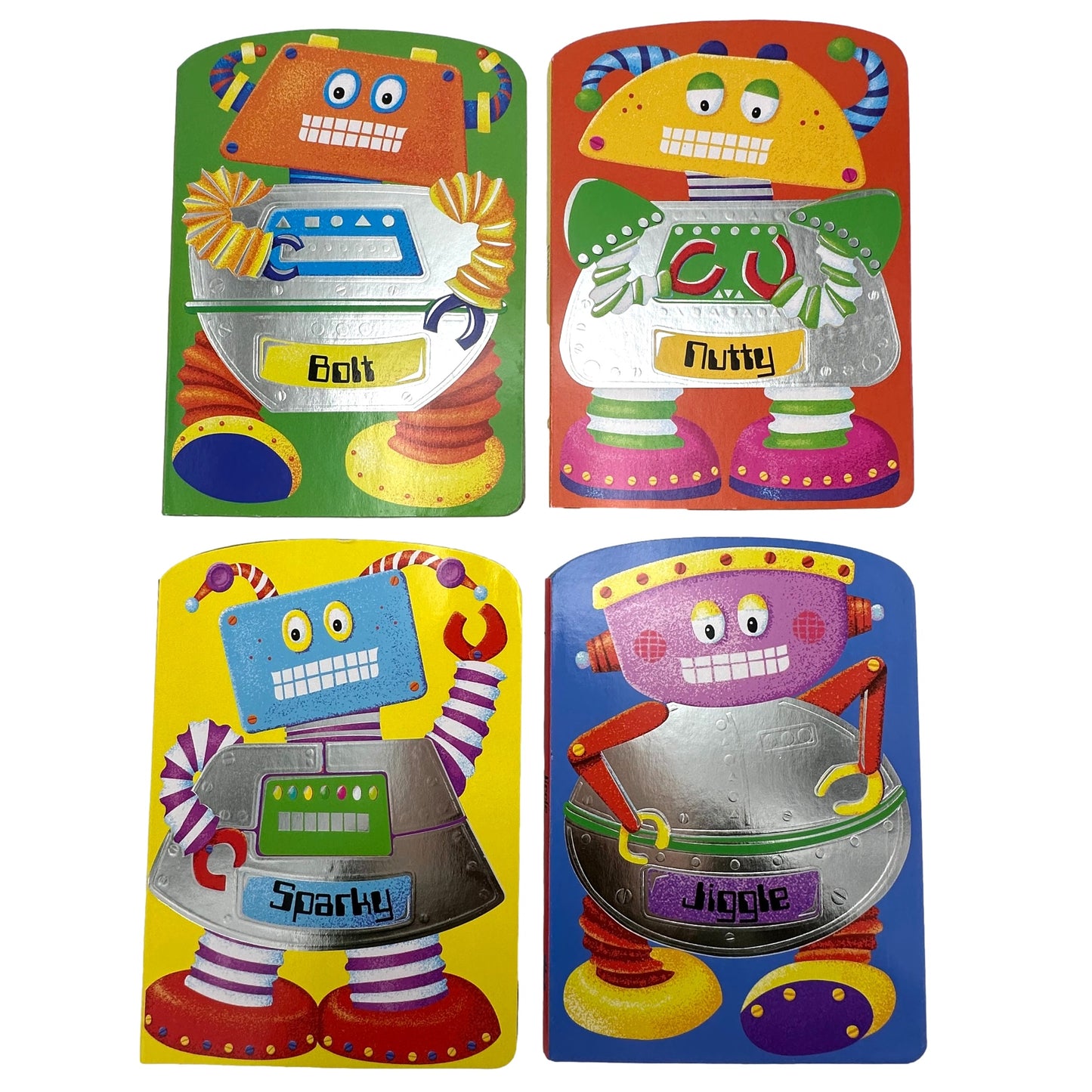 Four colorful robot themed greeting cards.
