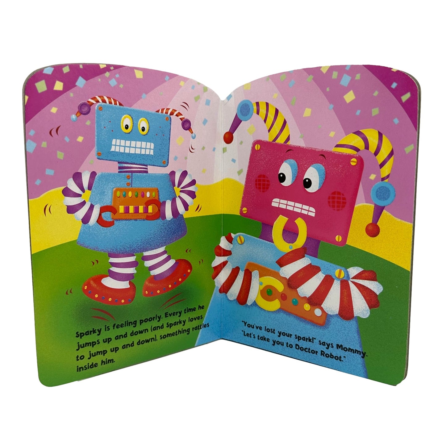 Open children's book with robot characters. One robot is blue with a skirt and striped socks. The other robot is pink with a pacifier and striped collar. Confetti background. "You've lost your sparkl" text.