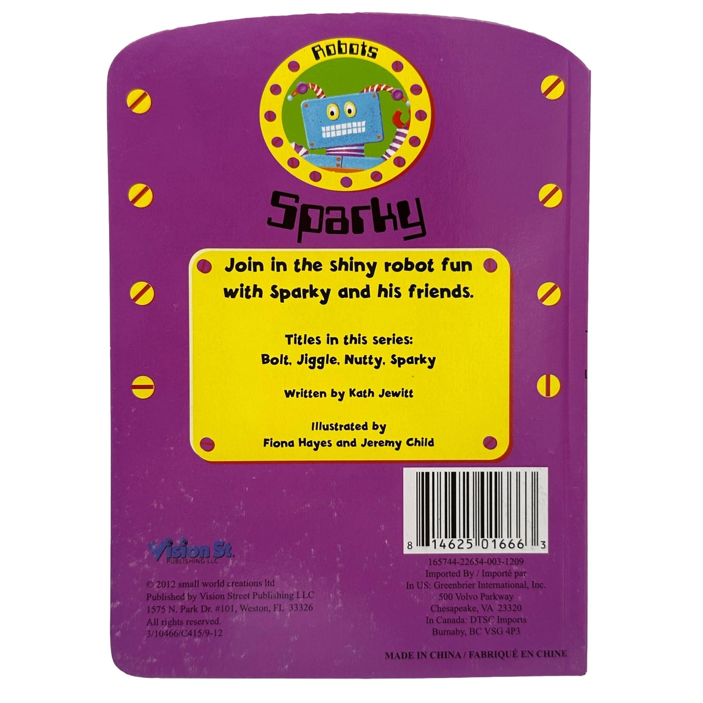 Back cover of the book "Sparky" in the Robots series, featuring a yellow robot illustration with the title and publisher information on a purple background.