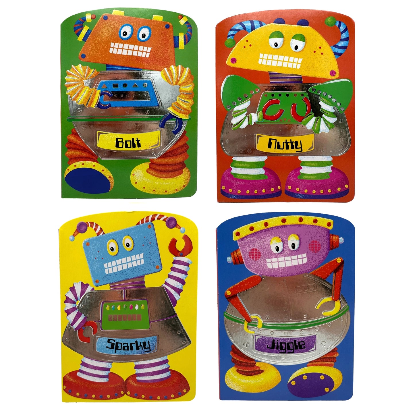 Four colorful cartoon robot cards.