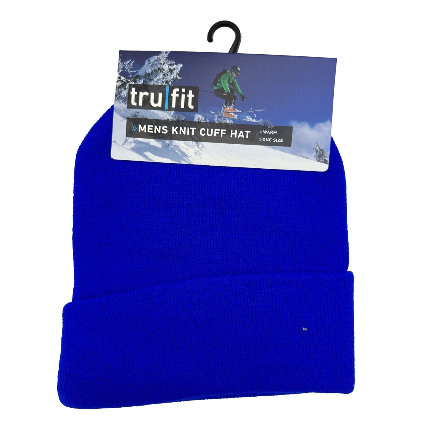 Blue knit cuff hat.