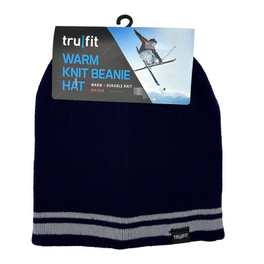 Navy blue knit beanie hat with gray stripes and "tru fit" label.