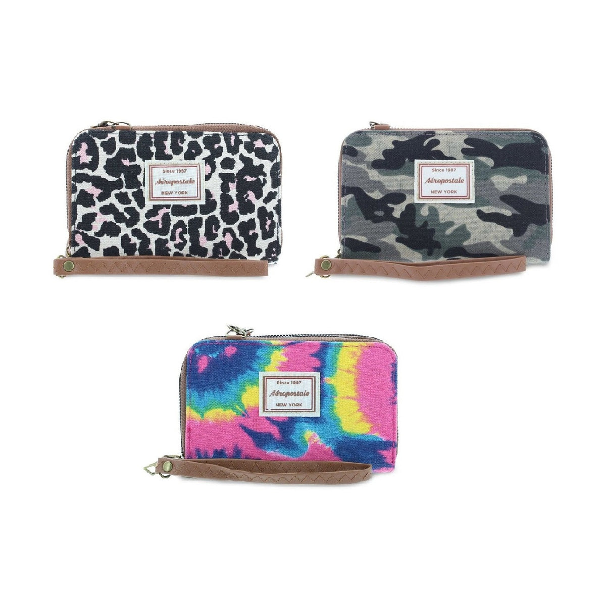 Three Aeropostale wallets in leopard print, camouflage, and tie-dye patterns.