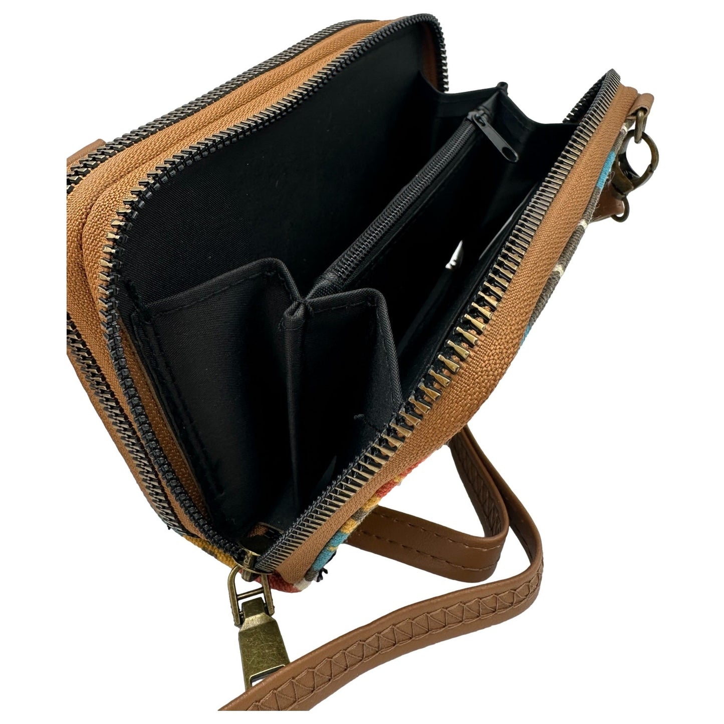Open brown wallet with shoulder strap.