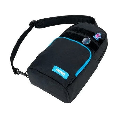 Black Fortnite sling bag with blue trim and patches.