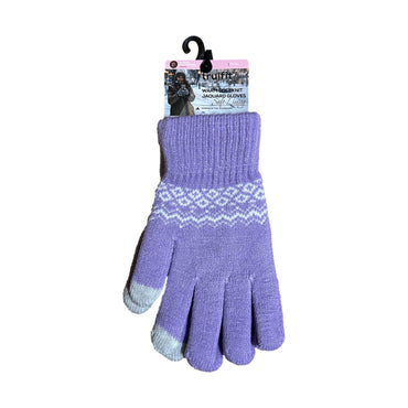 A purple knit glove with a white patterned band, hanging on a black hanger with product packaging.