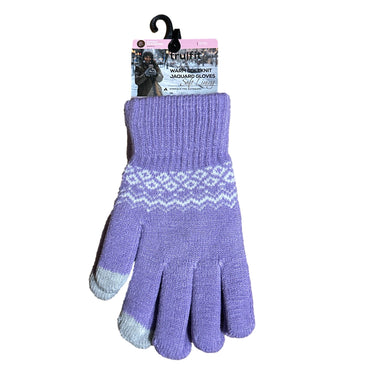 A purple knit glove with a white patterned band, hanging on a black hanger with product packaging.