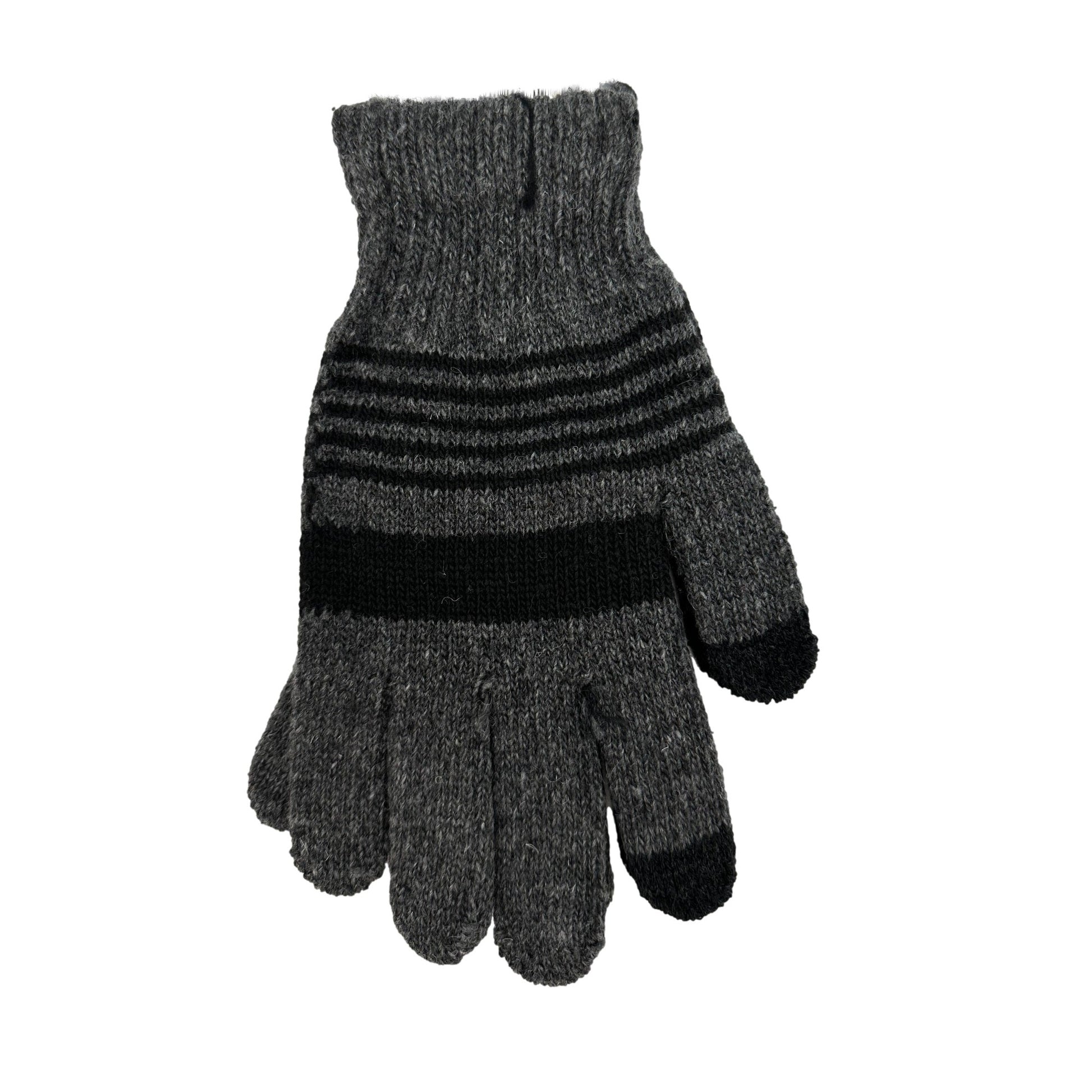 Gray knit glove with black stripes and touchscreen fingertips.