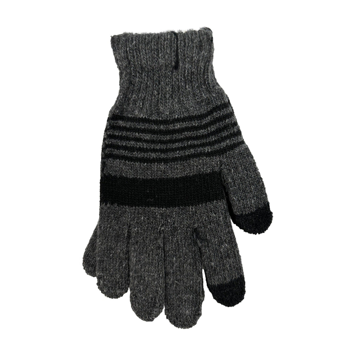 Gray knit glove with black stripes and touchscreen fingertips.