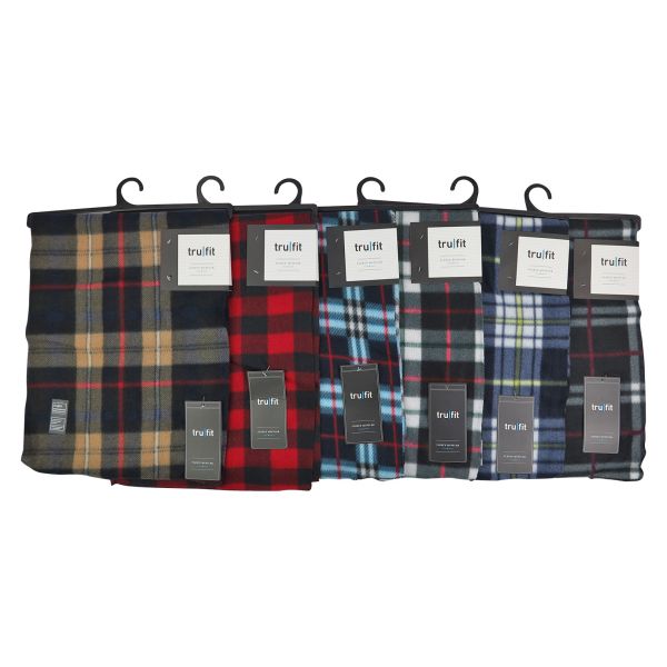 Seven plaid scarves hanging on a rack.