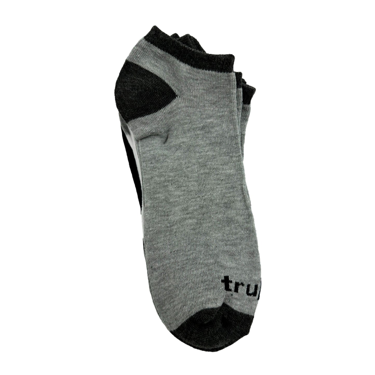 Grey no-show socks with black accents.