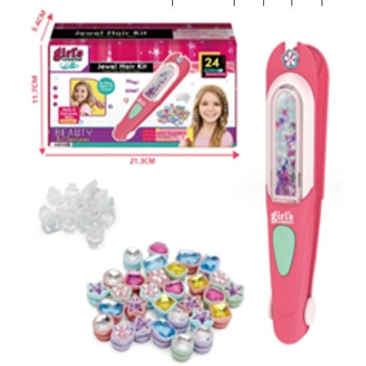 Jewel Hair Kit, pink hair tool, colorful gems, and clear bands.