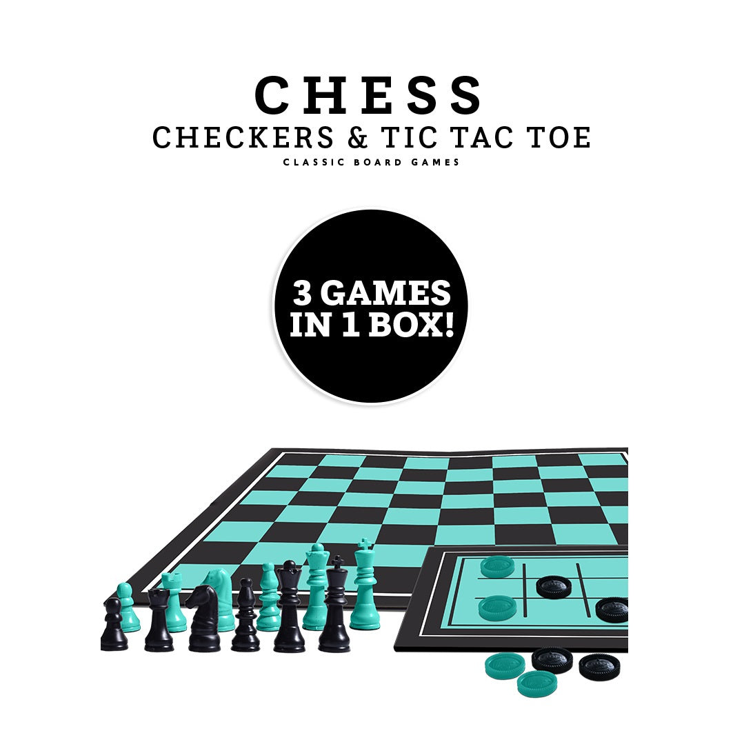 Three board games: chess, checkers, and tic-tac-toe.