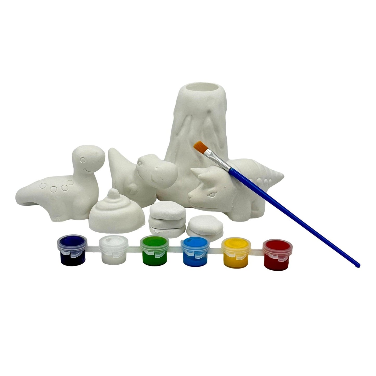 DIY painting kit with unpainted ceramic dinosaurs, volcano, paint pots, and paintbrush.