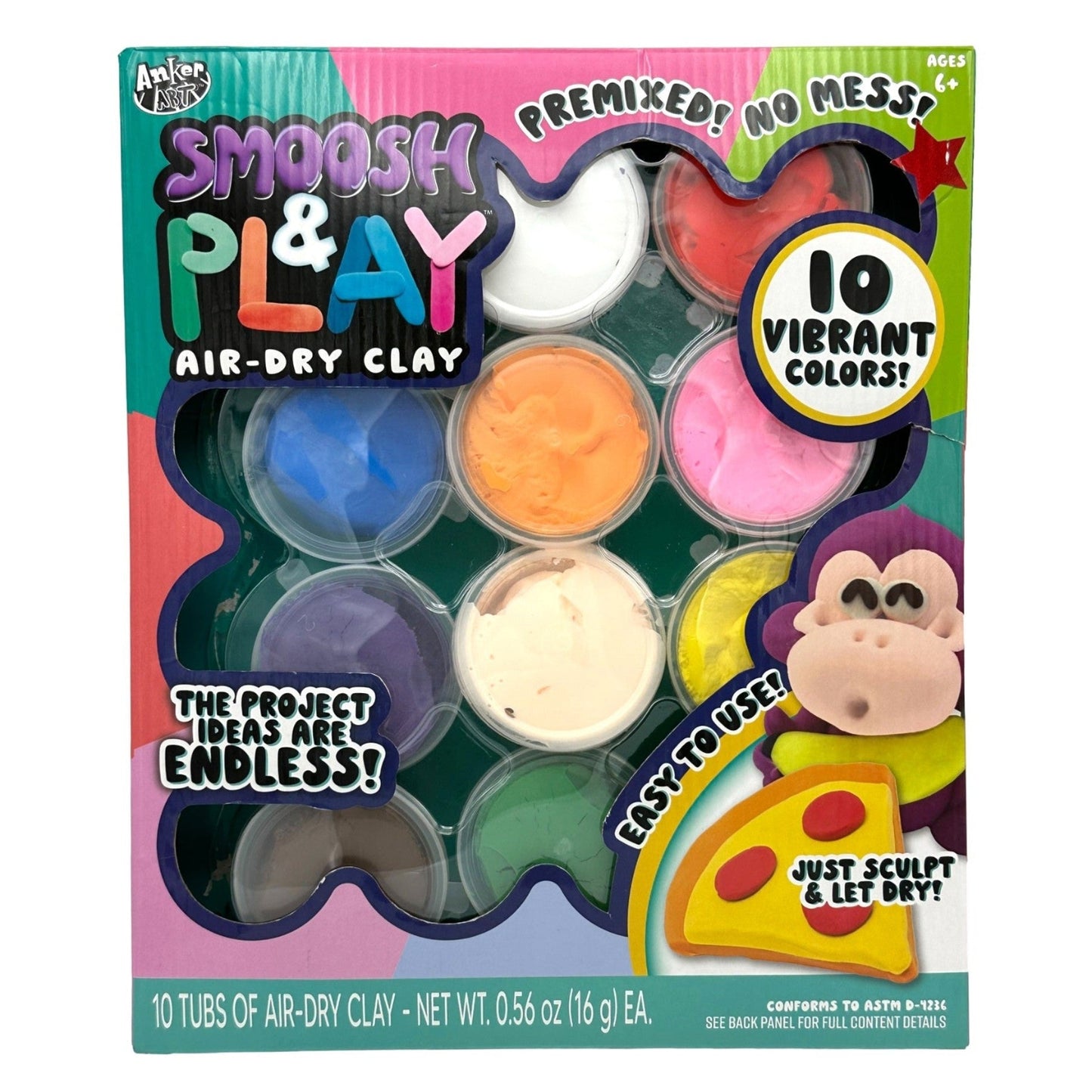 A "Smoosh & Play" air-dry clay set with ten vibrant colors in individual tubs, emphasizing its premixed, mess-free, and easy-to-use nature, featuring project ideas and a pizza-shaped clay creation.