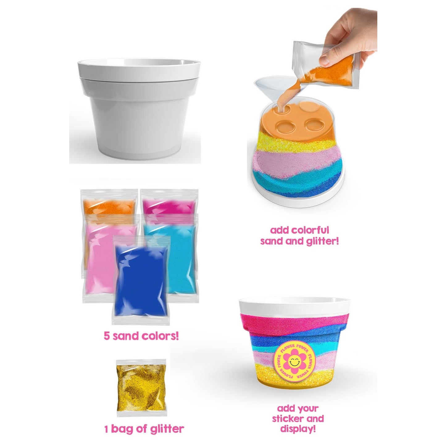 A white plastic flowerpot, sand art making process, and five bags of colored sand and one bag of glitter.