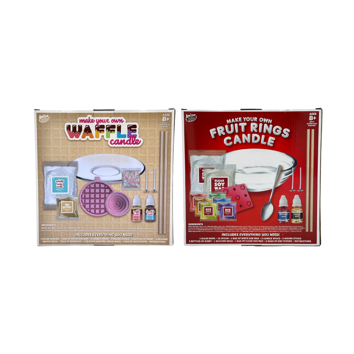 Two candle making kits. One waffle candle kit and one fruit rings candle kit.
