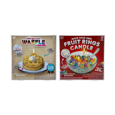 Two toy candle-making kits, one waffle candle and one fruit ring candle.