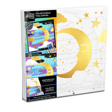 Canvas painting kit with gold moon and stars design.