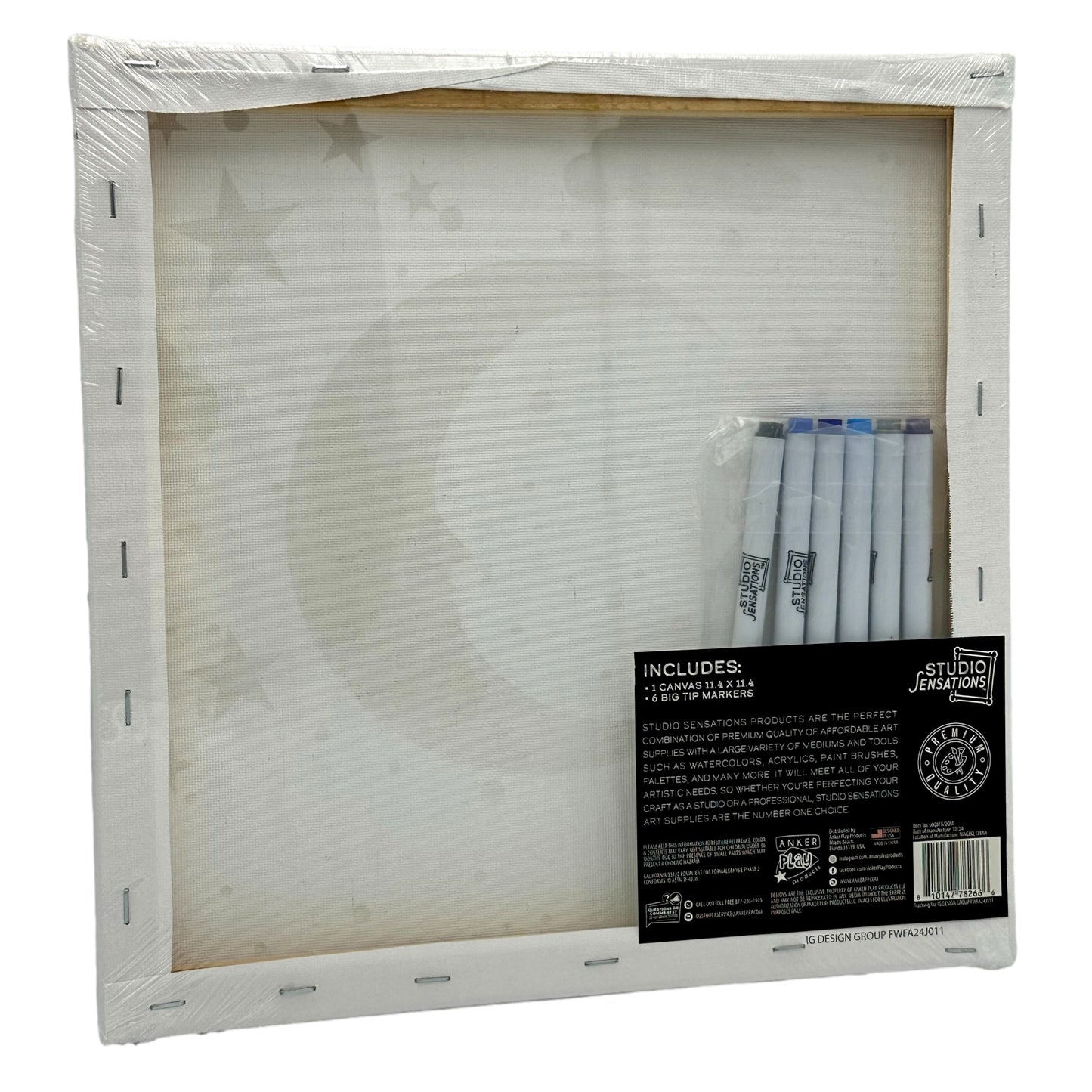 Back of a canvas art set with markers and product information.