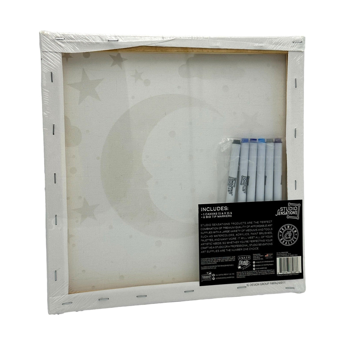 Back of a canvas art set with markers and product information.