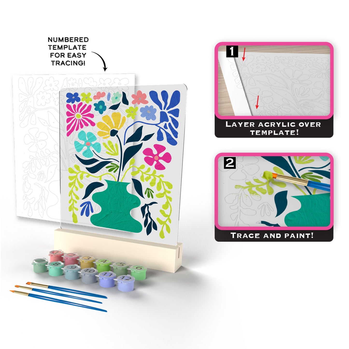 A paint-by-numbers kit for adults, featuring a floral design on an acrylic sheet, a numbered template, and paint pots.
