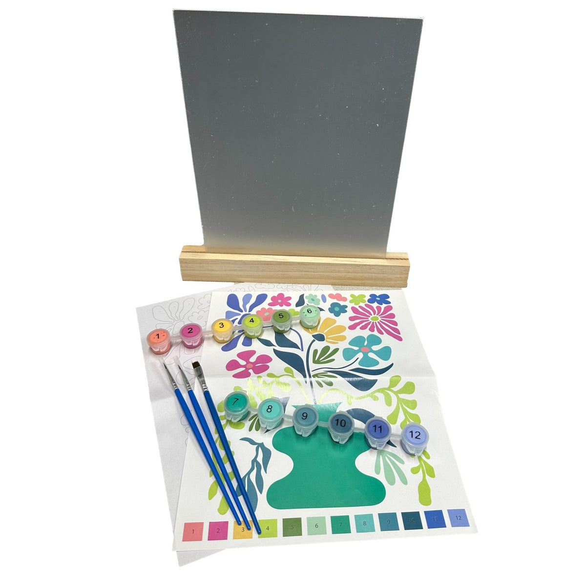 Paint-by-numbers kit with paints, brushes, and design.