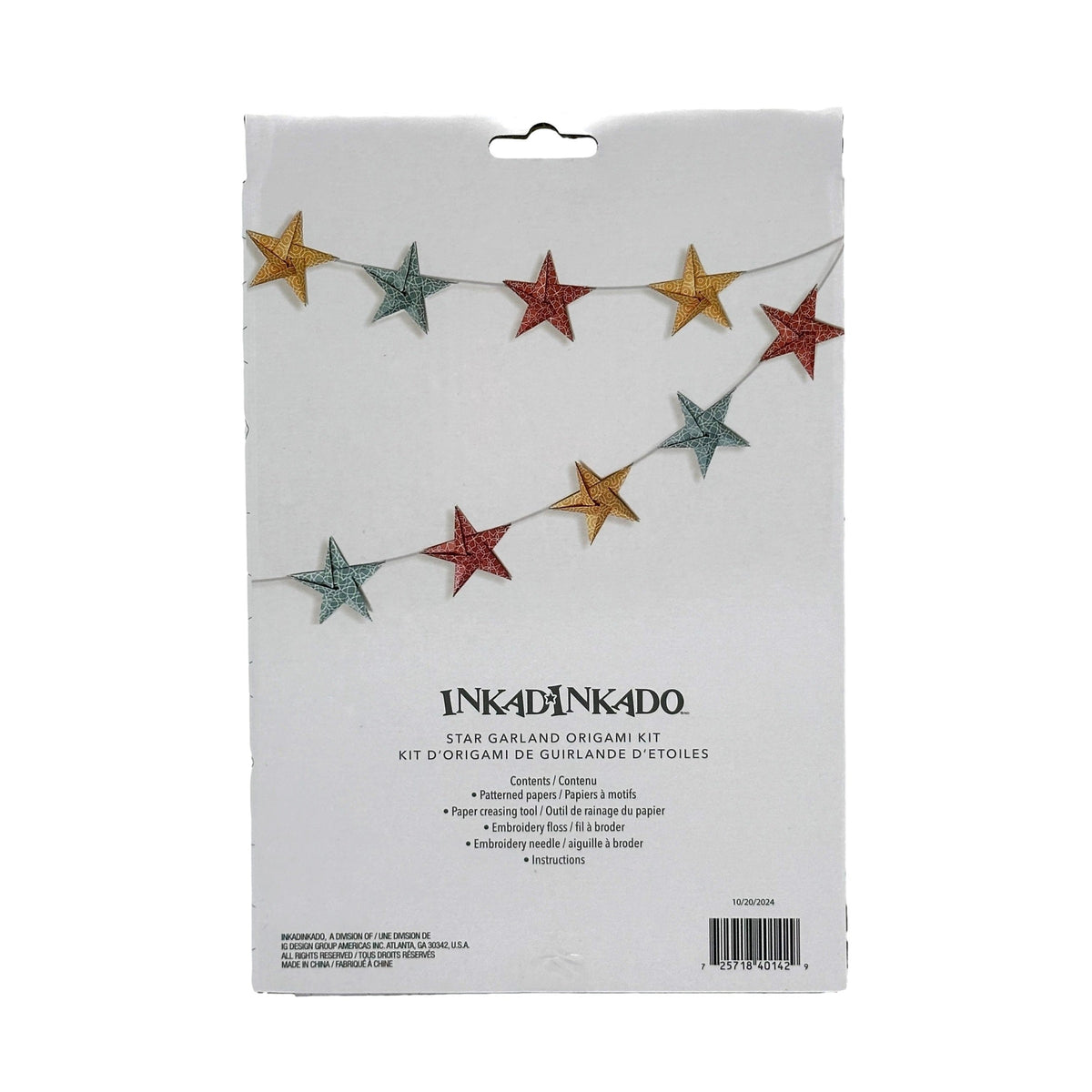 An Inkadinkado star garland origami kit with origami stars on a white background.