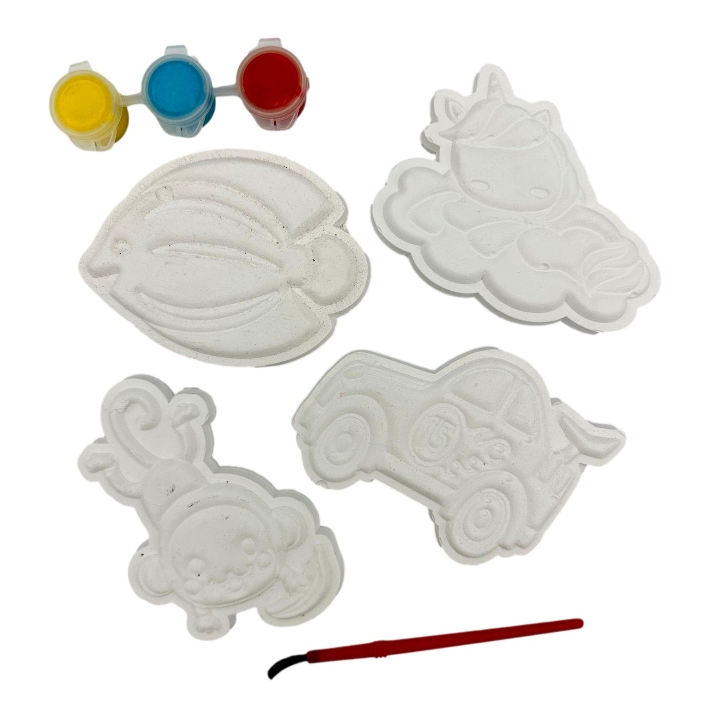 Craft kit with white animal and vehicle plaster molds, paint pots (yellow, blue, red), and a red paintbrush.