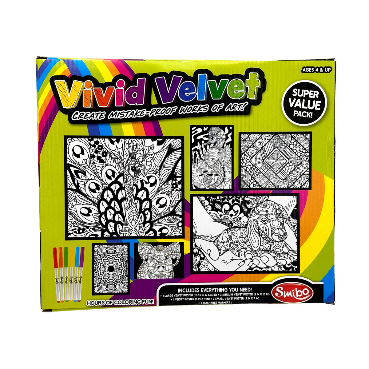 Box of "Vivid Velvet" coloring kit with velvet posters and washable markers.