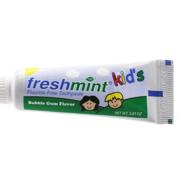Tube of "Freshmint Kid's" toothpaste with cartoon faces and "Bubble Gum Flavor."