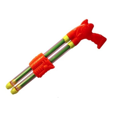 Red and green plastic double-barreled water gun.