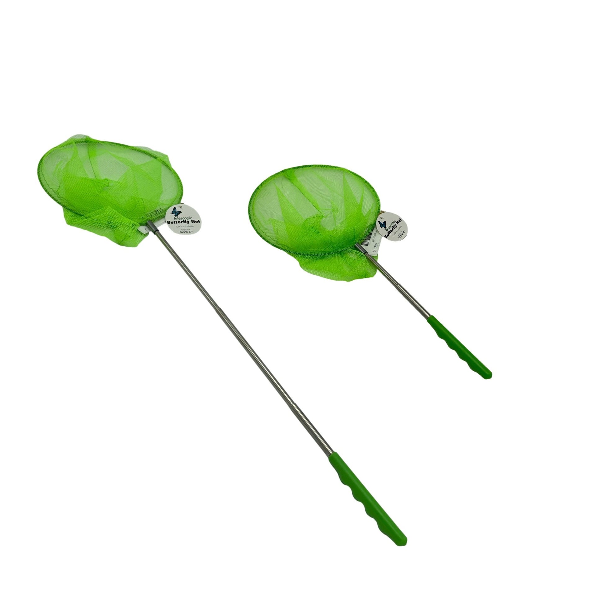 Two green telescopic butterfly nets with silver poles.
