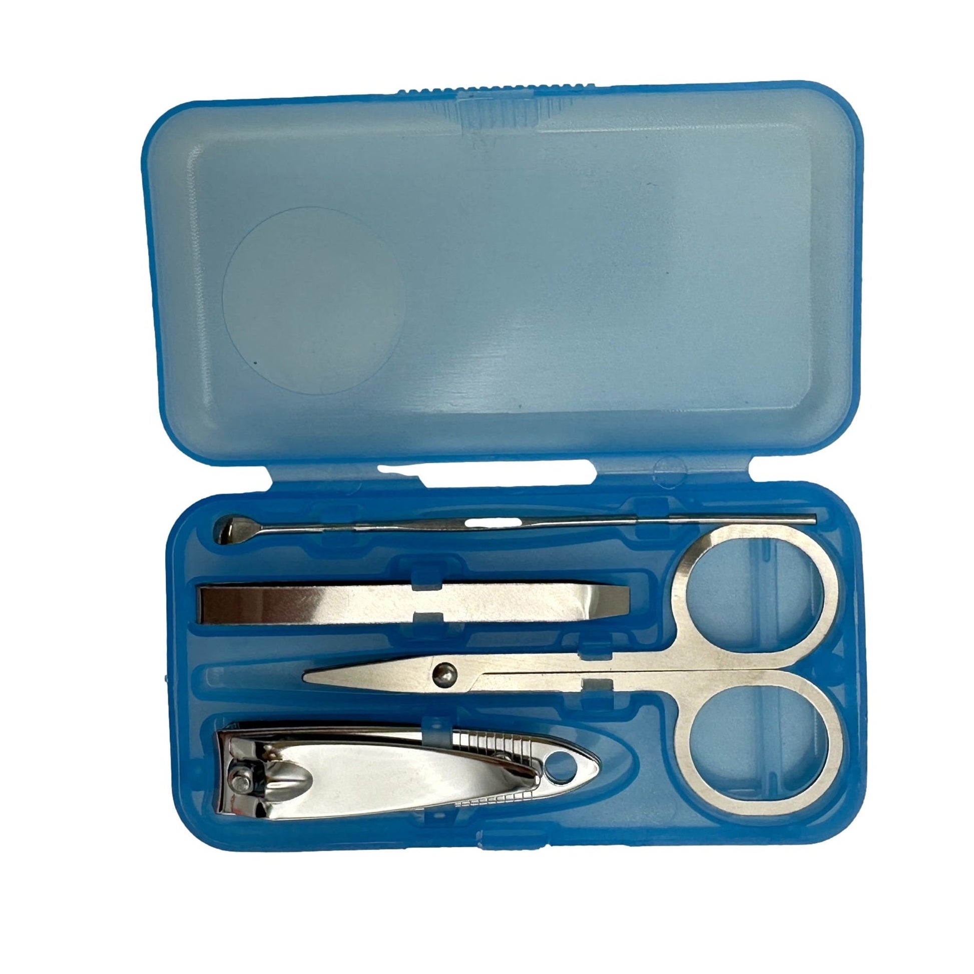 Open blue plastic manicure set.