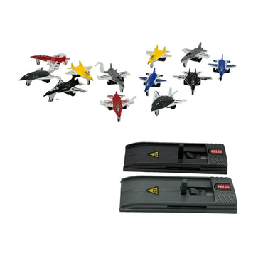 A toy airplane launching set, with multiple toy airplanes in various colors and two gray launch pads with "Press" buttons.