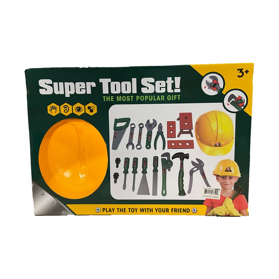 Boxed toolset with toy tools and a child wearing a toy hard hat and gloves.