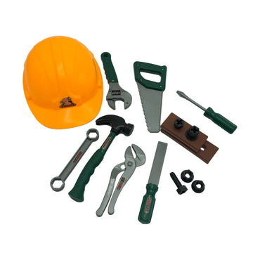 Toy construction worker tools including a hard hat, wrenches, a hammer, and screws.