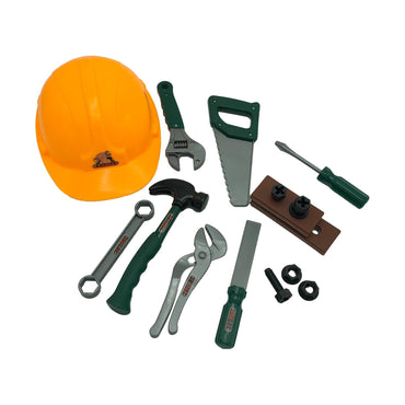 Toy construction worker tools including a hard hat, wrenches, a hammer, and screws.