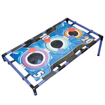 Here are a few descriptive alt tags for the product image:
* **Bean bag toss game with blue frame and targets.**
* **Elevated bean bag toss game with point values on a printed mat.**
* **Portable bean bag toss game with three target holes.**
* **Overhead view of blue-framed bean bag toss game.**