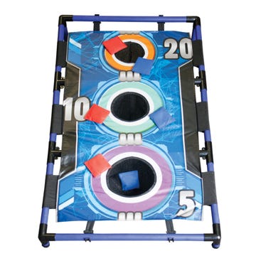Here is a descriptive alt tag for the image:
**Bean bag toss game with a blue frame and a target with a bullseye design and point values of 20, 10, and 5, with bean bags placed on the target.**