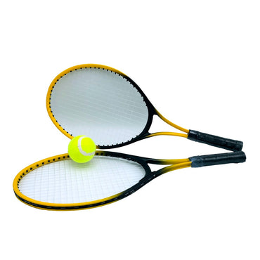 Two tennis rackets and a tennis ball.