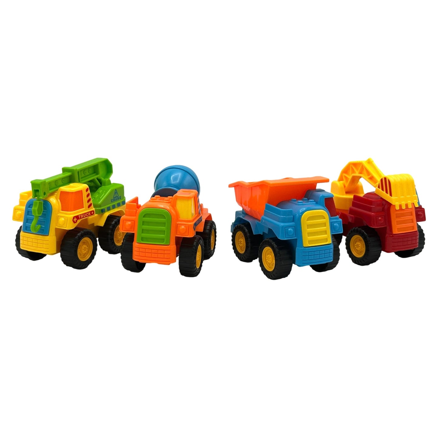 Four colorful plastic toy construction trucks.