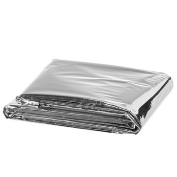 Here are a few alt tag options for the image, focusing on visual details:
*   Folded silver emergency blanket
*   Shiny metallic blanket
*   Silver foil-like folded material